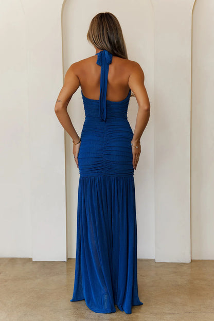 Elegant A-Line Halter Sleeveless Ruched High Slit Royal Blue Floor-Length Prom Dress