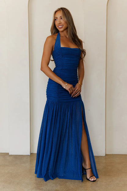 Elegant A-Line Halter Sleeveless Ruched High Slit Royal Blue Floor-Length Prom Dress