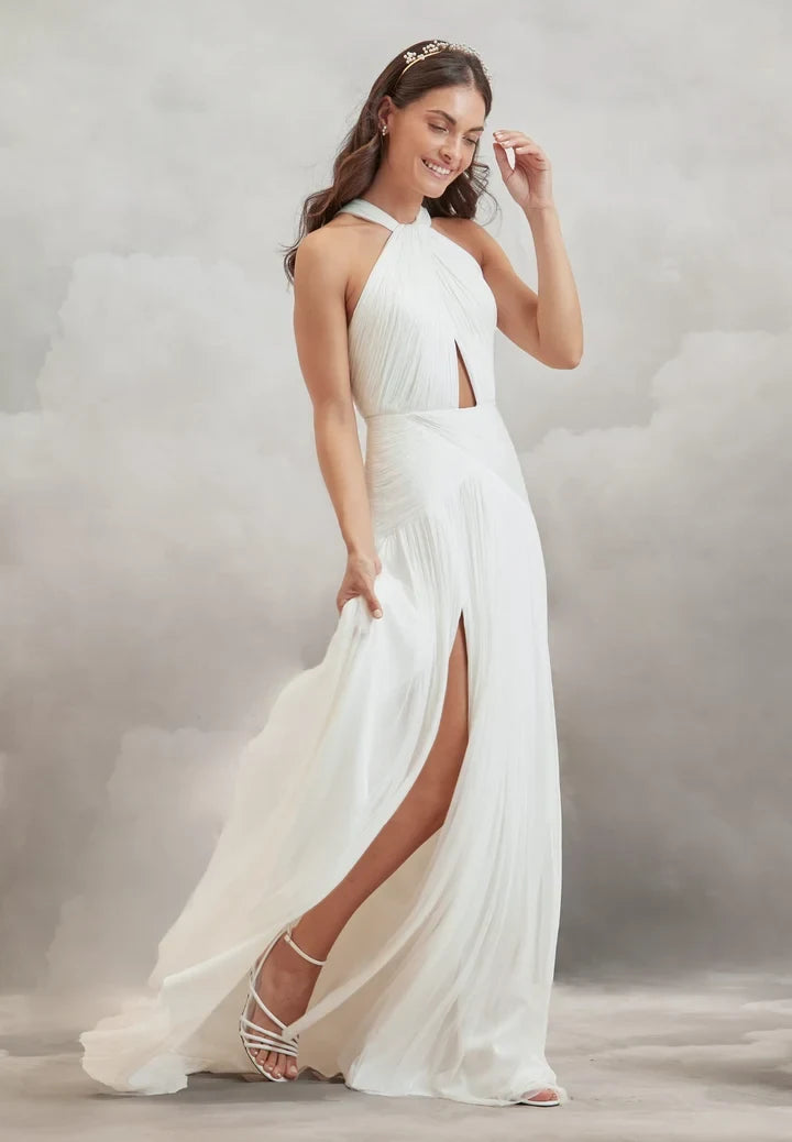 Elegant A-Line Halter Sleeveless Ruched Slit Ivory Wedding Dresses for Brides