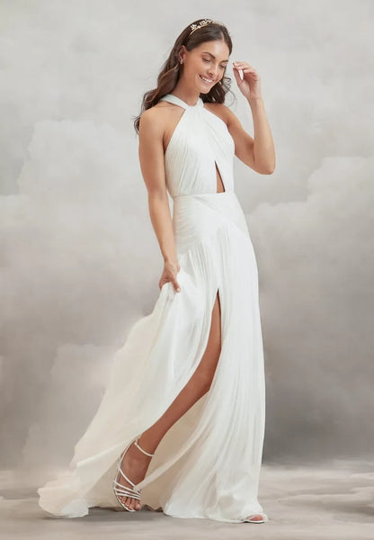 Elegant A-Line Halter Sleeveless Ruched Slit Ivory Wedding Dresses for Brides