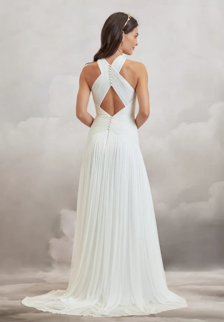 Elegant A-Line Halter Sleeveless Ruched Slit Ivory Wedding Dresses for Brides