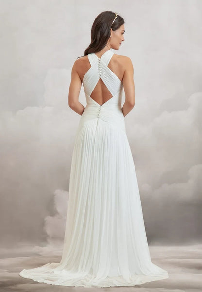 Elegant A-Line Halter Sleeveless Ruched Slit Ivory Wedding Dresses for Brides