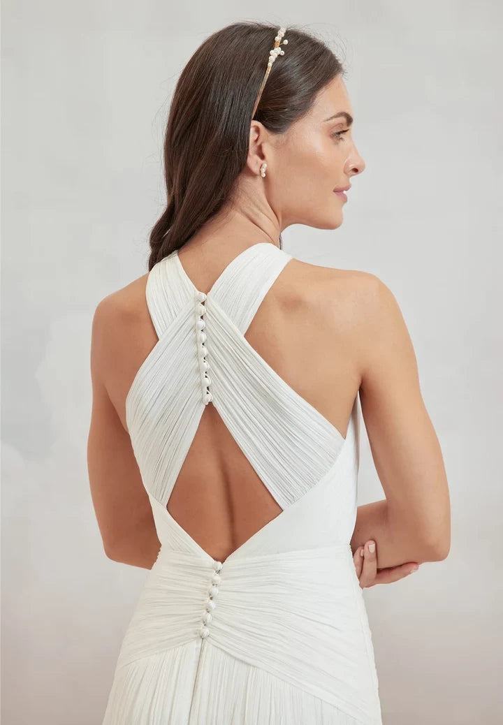 Elegant A-Line Halter Sleeveless Ruched Slit Ivory Wedding Dresses for Brides