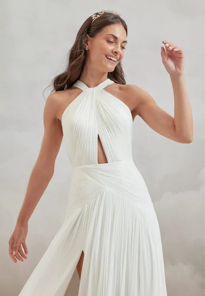 Elegant A-Line Halter Sleeveless Ruched Slit Ivory Wedding Dresses for Brides