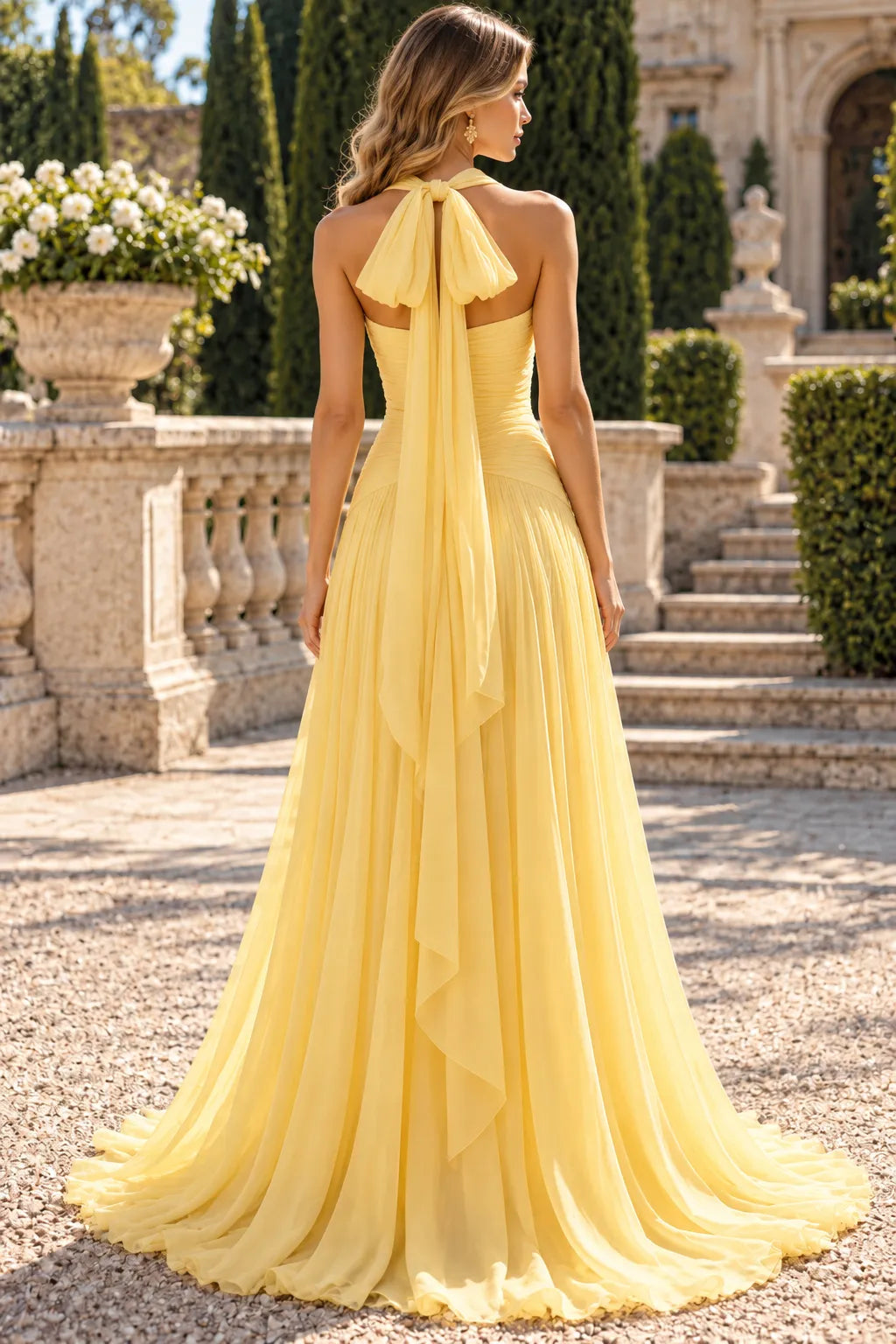 Elegant A-Line Halter Sleeveless Ruched Slit Yellow Maxi Prom Dresses Gown