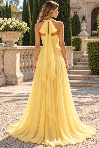 Elegant A-Line Halter Sleeveless Ruched Slit Yellow Maxi Prom Dresses Gown