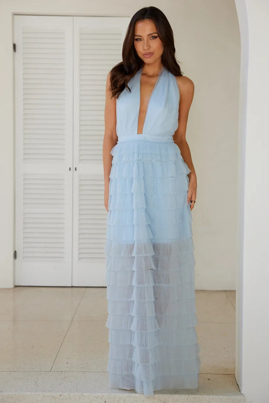Elegant A-Line Halter Sleeveless Ruffled Backless Light Blue Floor-Length Prom Dresses