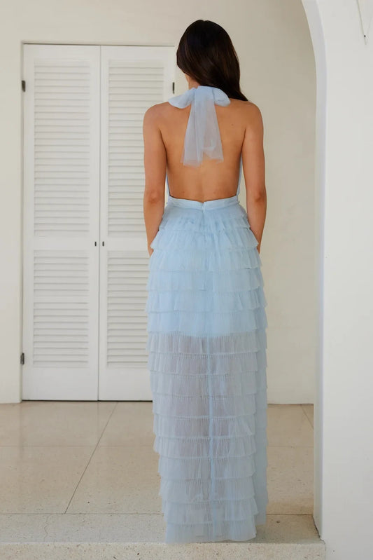 Elegant A-Line Halter Sleeveless Ruffled Backless Light Blue Floor-Length Prom Dresses