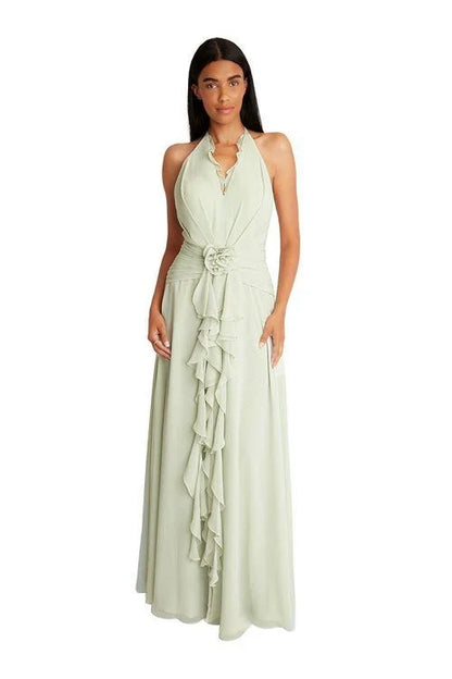 Elegant A-Line Halter Sleeveless Ruffled Backless Sage Green Floor-Length Bridesmaid Dress