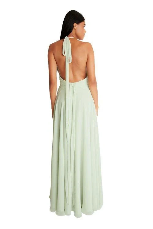 Elegant A-Line Halter Sleeveless Ruffled Backless Sage Green Floor-Length Bridesmaid Dress