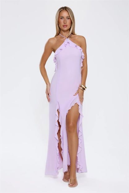 Elegant A-Line Halter Sleeveless Ruffled Slit Lavender Floor-Length Prom Dress for Women