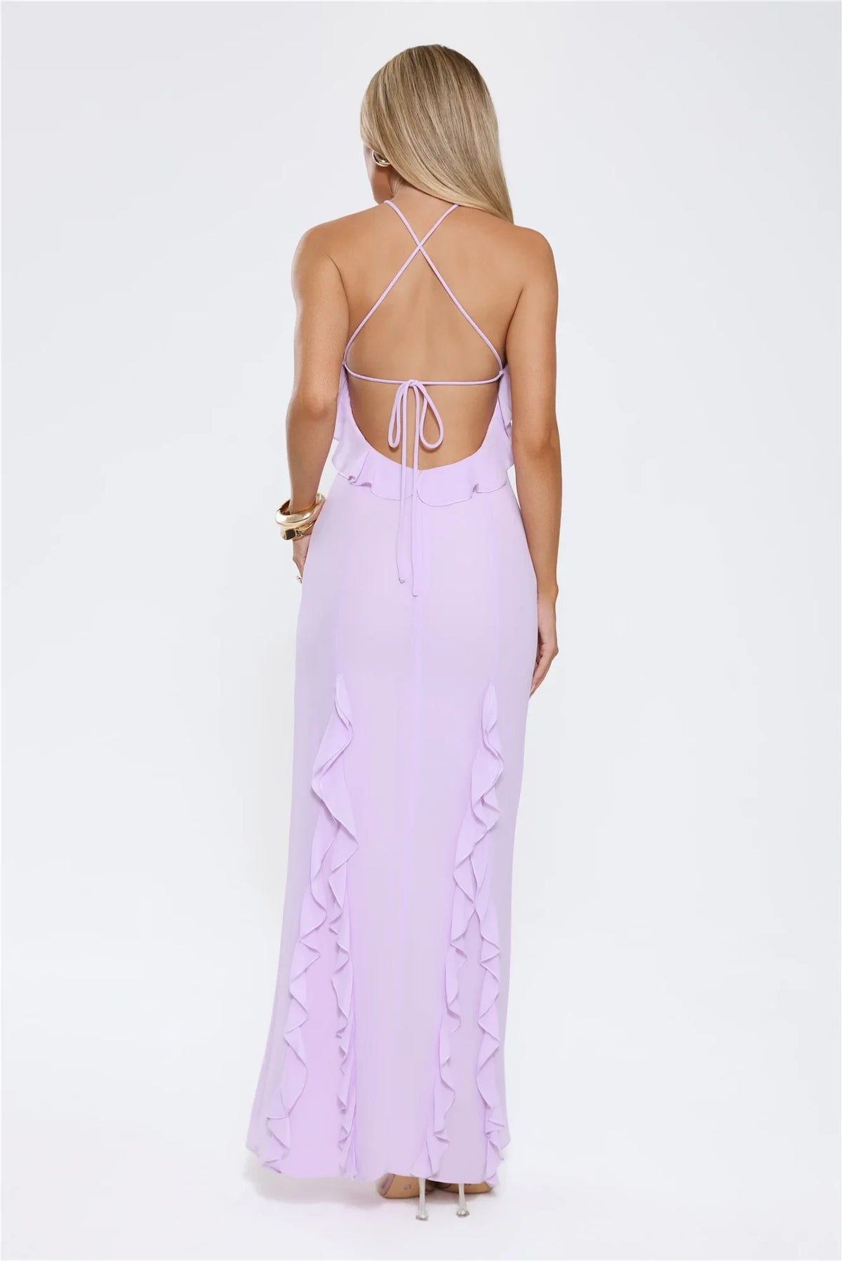 Elegant A-Line Halter Sleeveless Ruffled Slit Lavender Floor-Length Prom Dress for Women