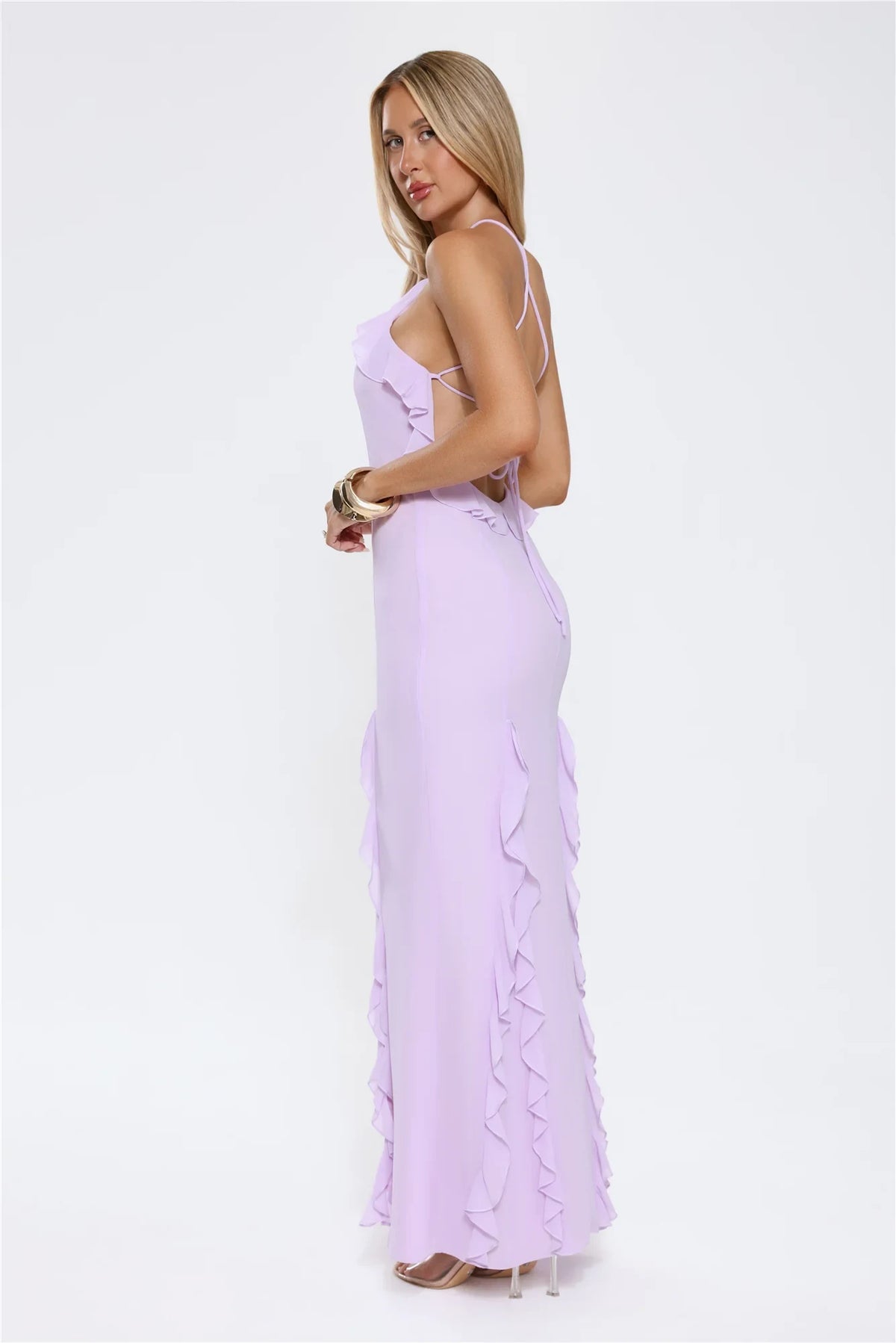Elegant A-Line Halter Sleeveless Ruffled Slit Lavender Floor-Length Prom Dress for Women
