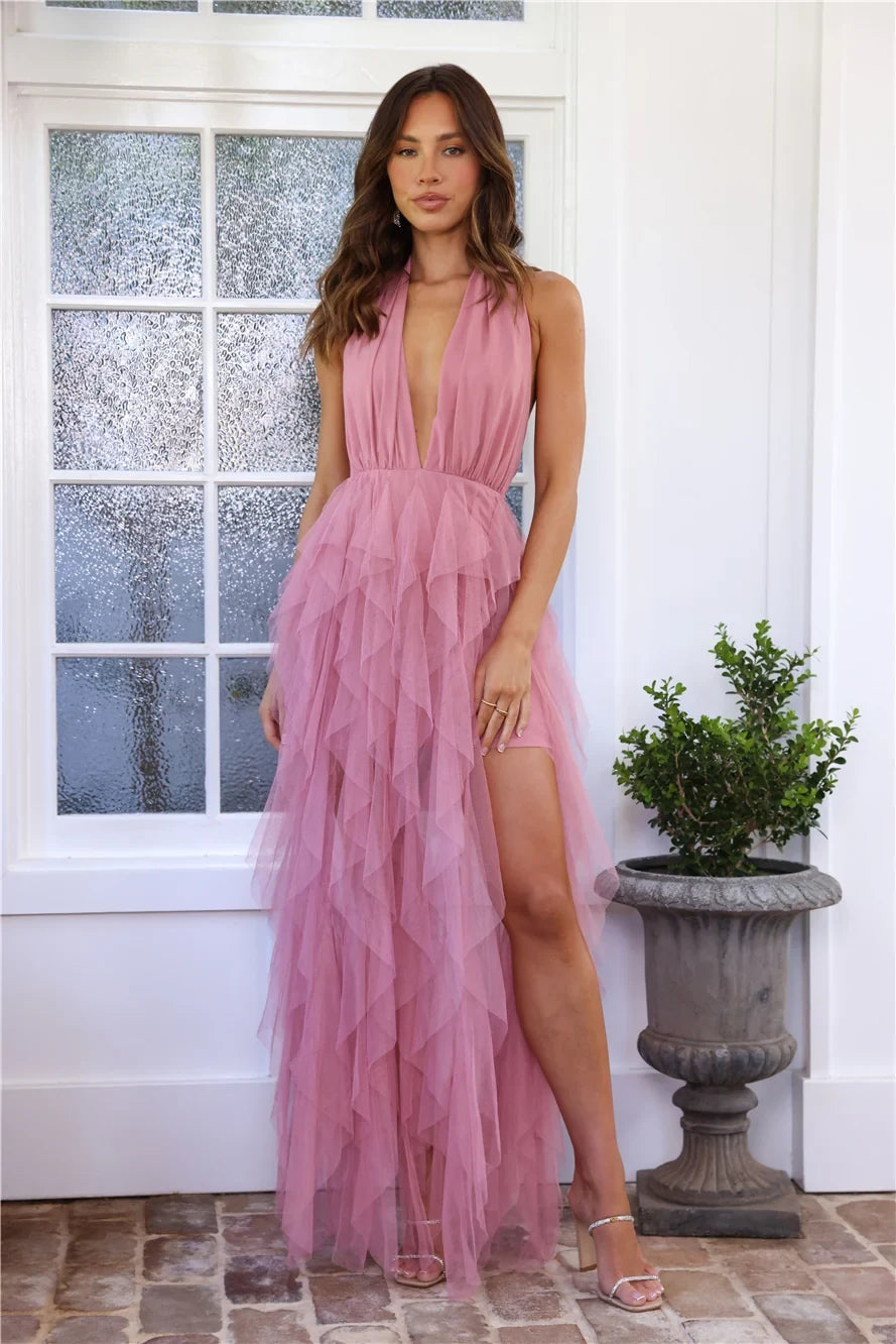 Elegant A-Line Halter Sleeveless Ruffled Tiered Dusty Pink High-Low Prom Dress