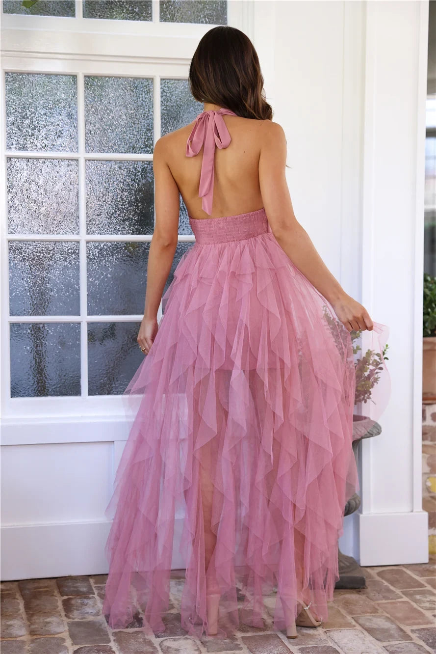 Elegant A-Line Halter Sleeveless Ruffled Tiered Dusty Pink High-Low Prom Dress