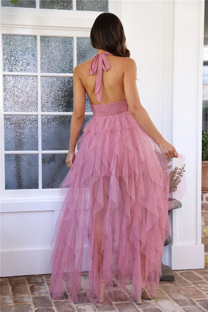 Elegant A-Line Halter Sleeveless Ruffled Tiered Dusty Pink High-Low Prom Dress
