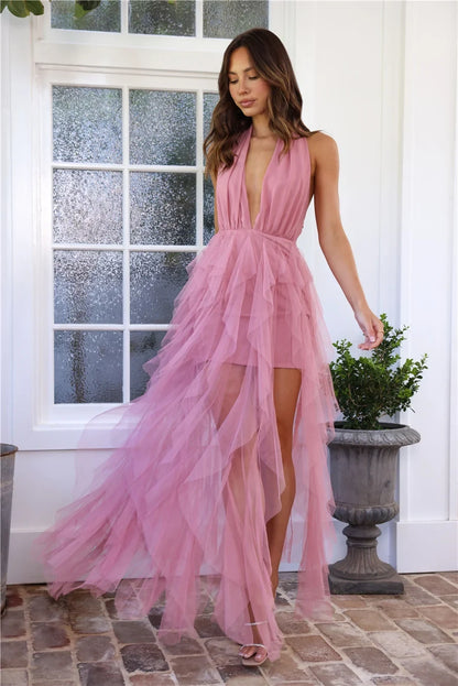 Elegant A-Line Halter Sleeveless Ruffled Tiered Dusty Pink High-Low Prom Dress