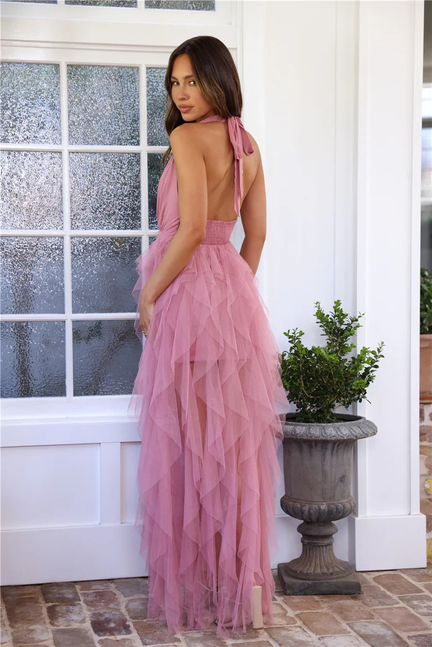 Elegant A-Line Halter Sleeveless Ruffled Tiered Dusty Pink High-Low Prom Dress