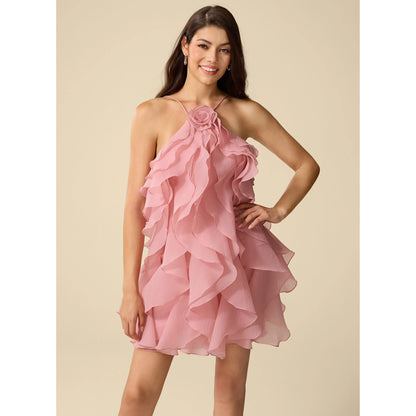 Elegant A-Line Halter Sleeveless Ruffled Tiered Pink Short Homecoming Dress