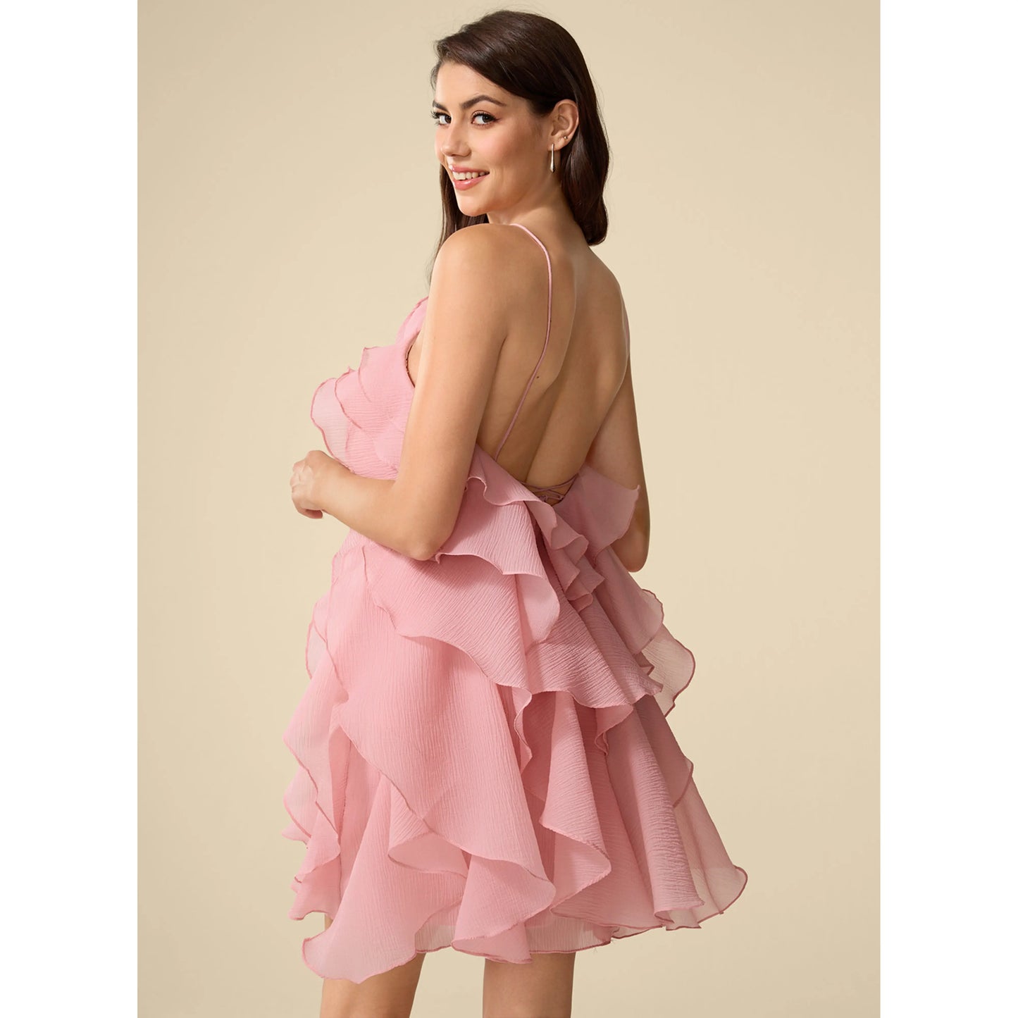 Elegant A-Line Halter Sleeveless Ruffled Tiered Pink Short Homecoming Dress