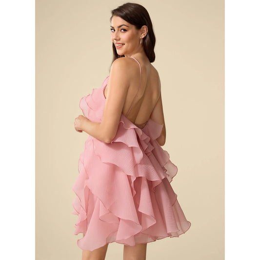 Elegant A-Line Halter Sleeveless Ruffled Tiered Pink Short Homecoming Dress