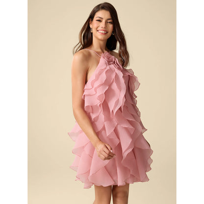 Elegant A-Line Halter Sleeveless Ruffled Tiered Pink Short Homecoming Dress