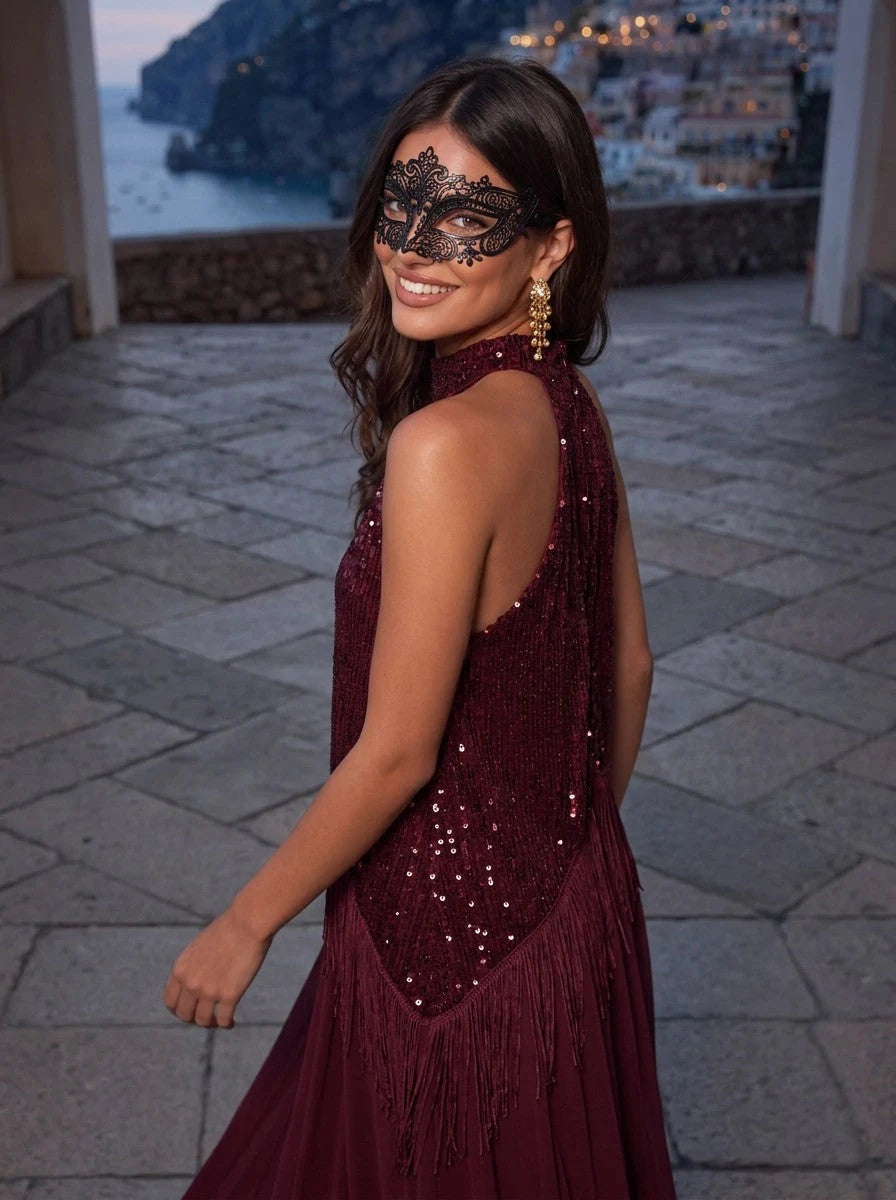 Elegant A-Line Halter Sleeveless Sequin Fringe Burgundy Maxi Prom Dresses Gown