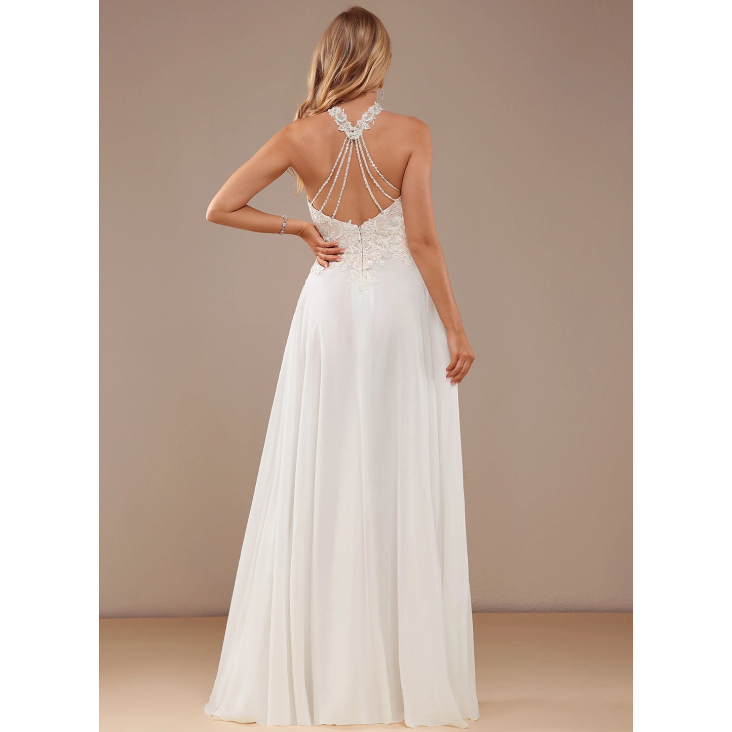 Elegant A-Line Halter Sleeveless Slit White Floor-Length Wedding Gown
