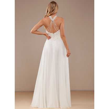 Elegant A-Line Halter Sleeveless Slit White Floor-Length Wedding Gown