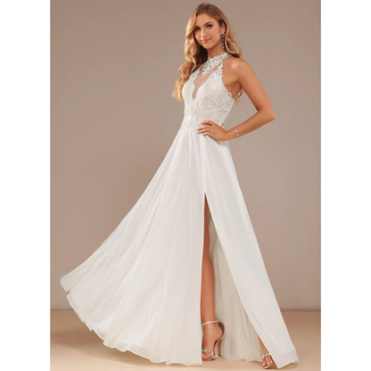 Elegant A-Line Halter Sleeveless Slit White Floor-Length Wedding Gown