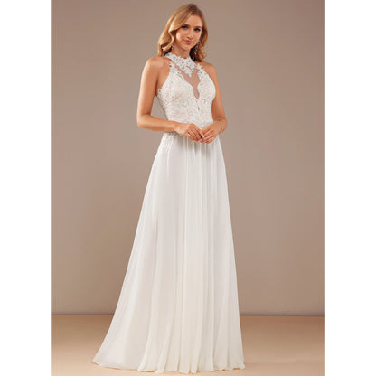 Elegant A-Line Halter Sleeveless Slit White Floor-Length Wedding Gown
