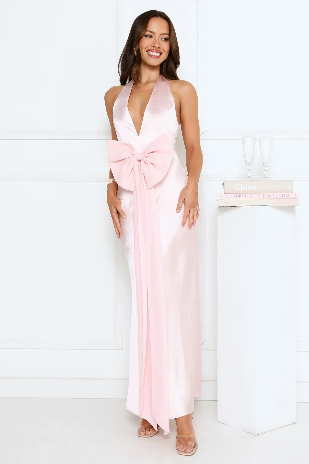 Elegant A-Line Halter Sleeveless Statement Bow Blush Pink Floor-Length Prom Gown