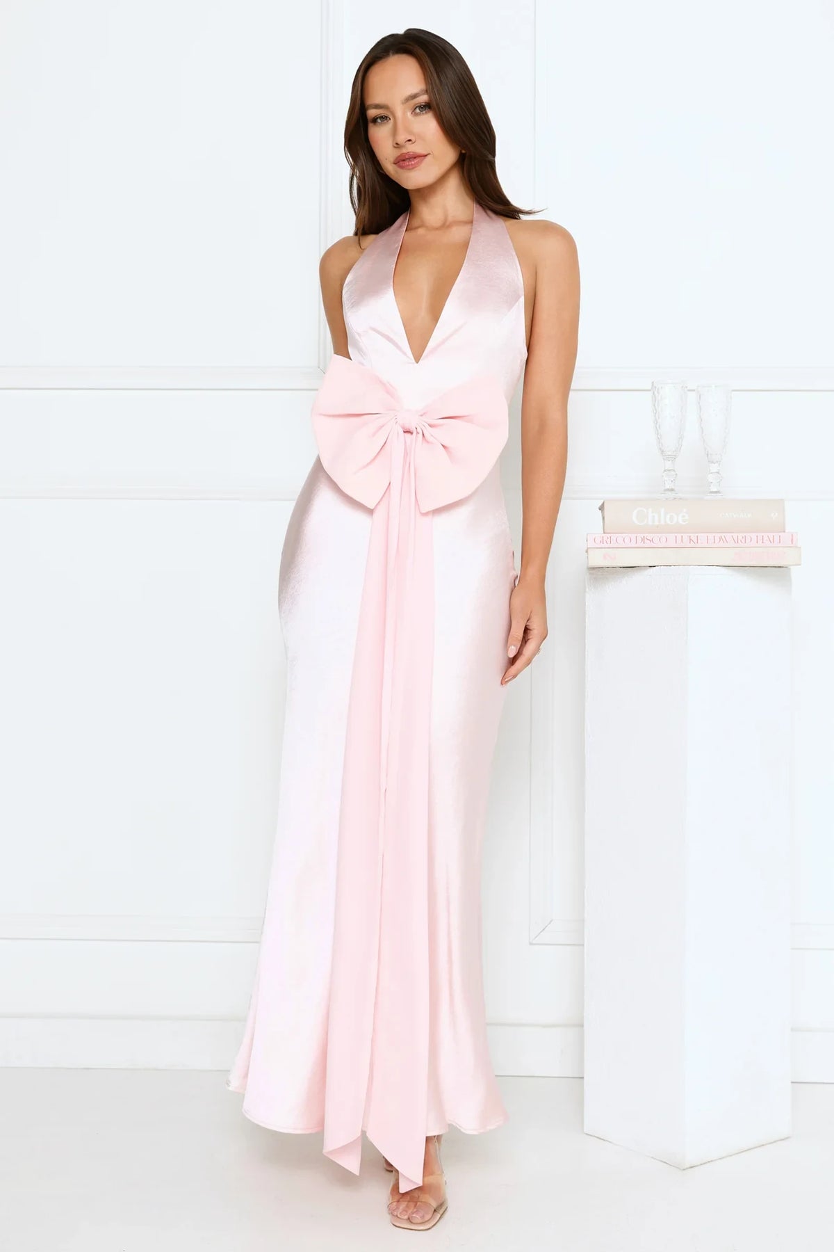 Elegant A-Line Halter Sleeveless Statement Bow Blush Pink Floor-Length Prom Gown