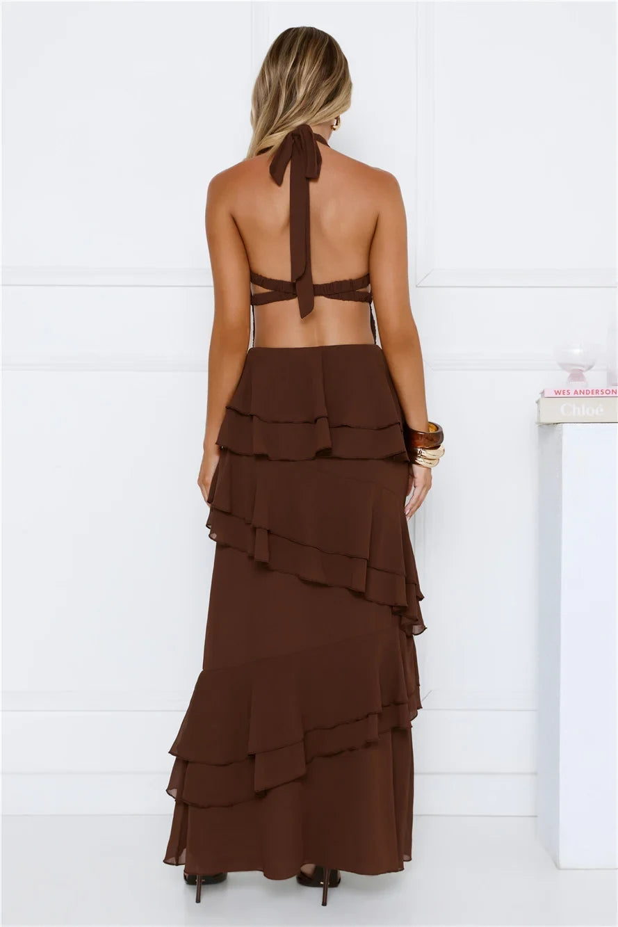 Elegant A-Line Halter Sleeveless Tiered Backless Brown Maxi Evening Dresses Women Gown