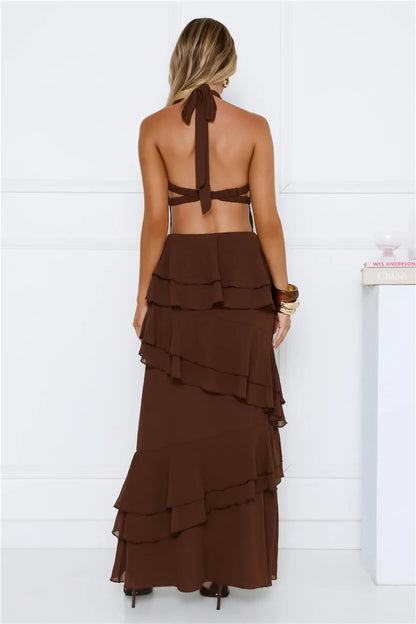 Elegant A-Line Halter Sleeveless Tiered Backless Brown Maxi Evening Dresses Women Gown