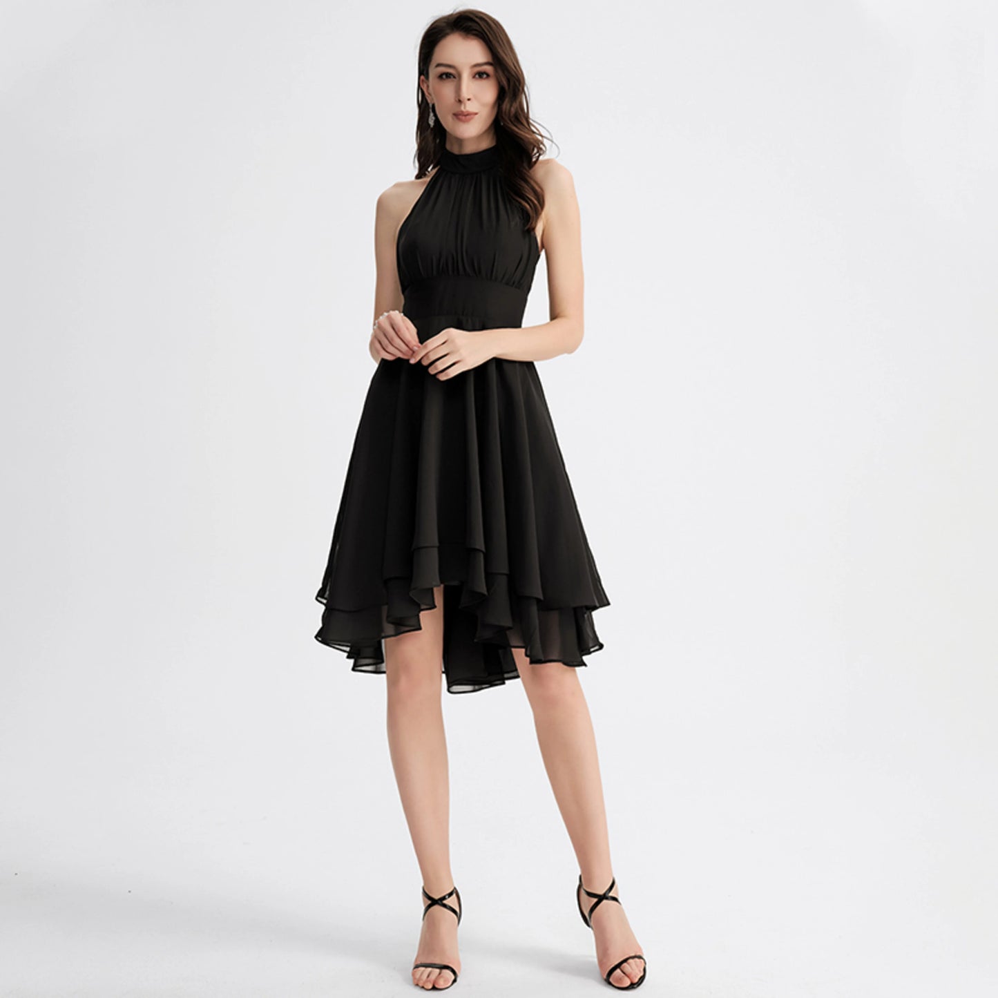Elegant A-Line Halter Sleeveless Tiered Black High-Low Homecoming Dress