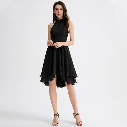 Elegant A-Line Halter Sleeveless Tiered Black High-Low Homecoming Dress