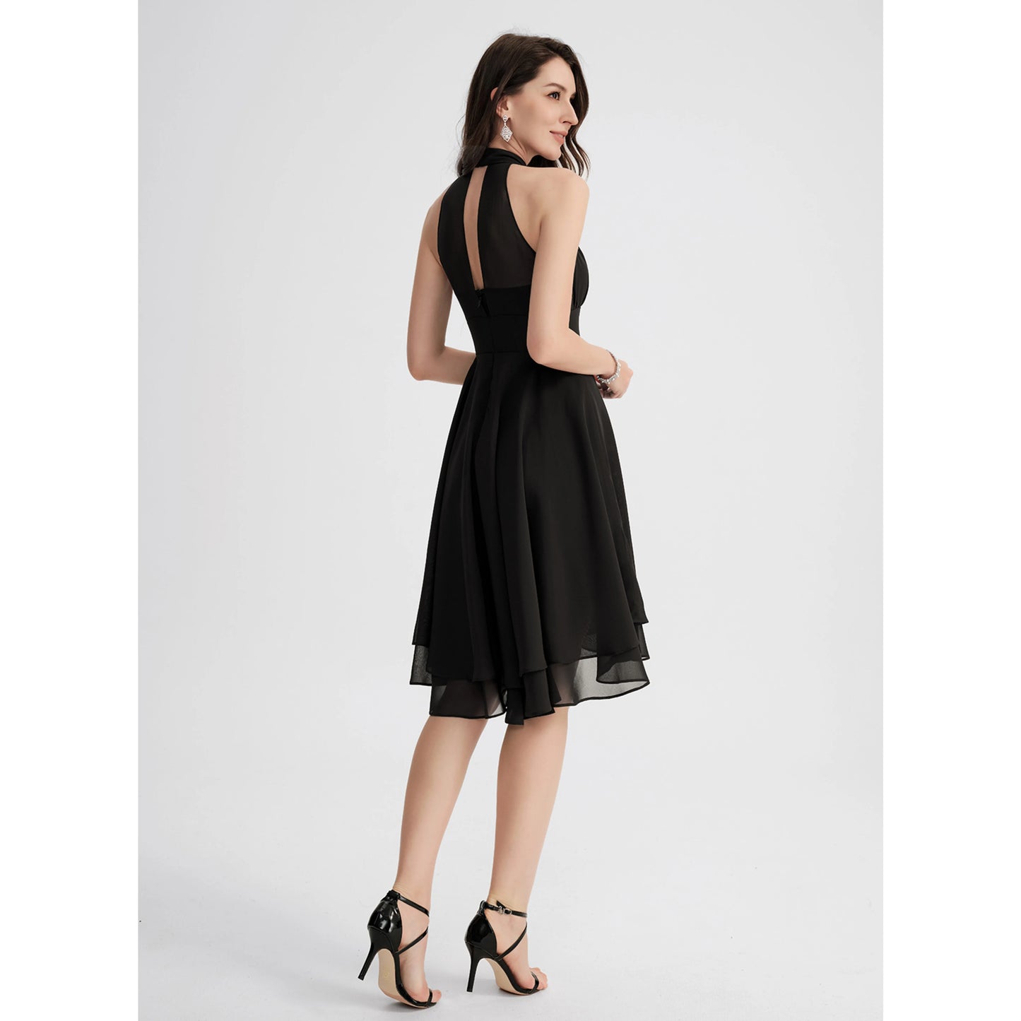 Elegant A-Line Halter Sleeveless Tiered Black High-Low Homecoming Dress