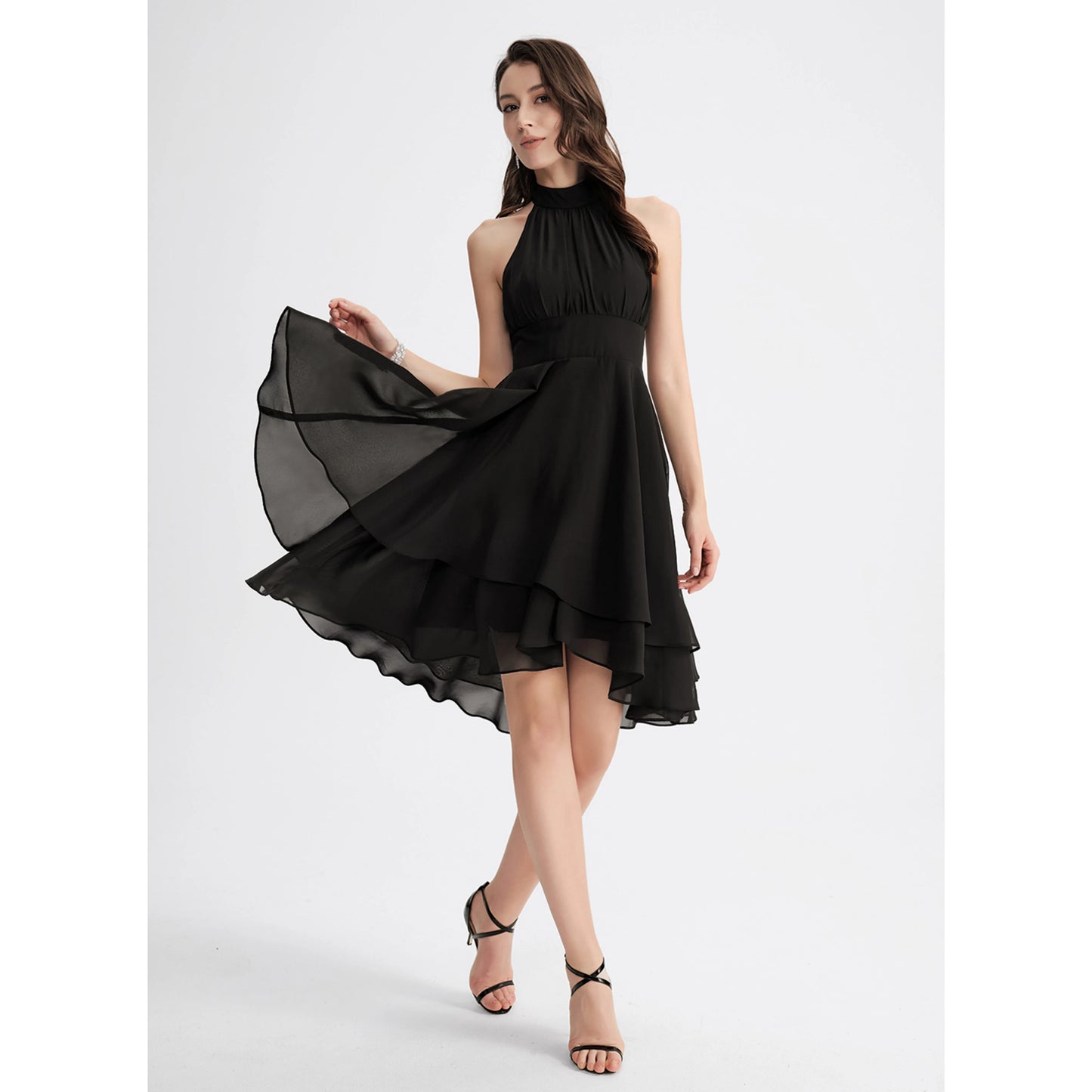 Elegant A-Line Halter Sleeveless Tiered Black High-Low Homecoming Dress