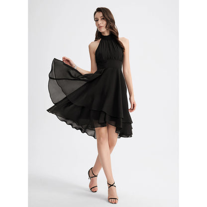 Elegant A-Line Halter Sleeveless Tiered Black High-Low Homecoming Dress