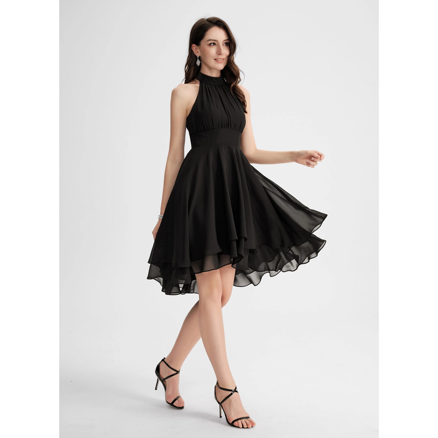 Elegant A-Line Halter Sleeveless Tiered Black High-Low Homecoming Dress