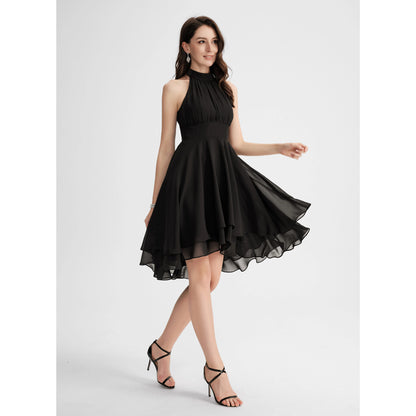 Elegant A-Line Halter Sleeveless Tiered Black High-Low Homecoming Dress