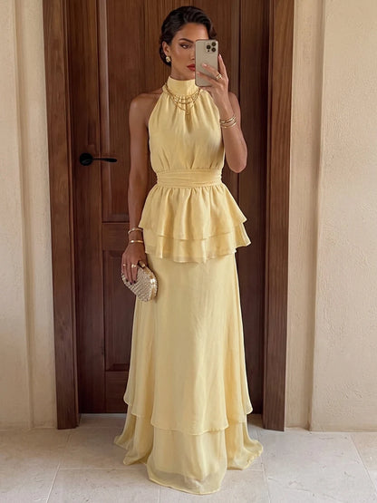 Elegant A-Line Halter Sleeveless Tiered Peplum Yellow Long Prom Dresses Women