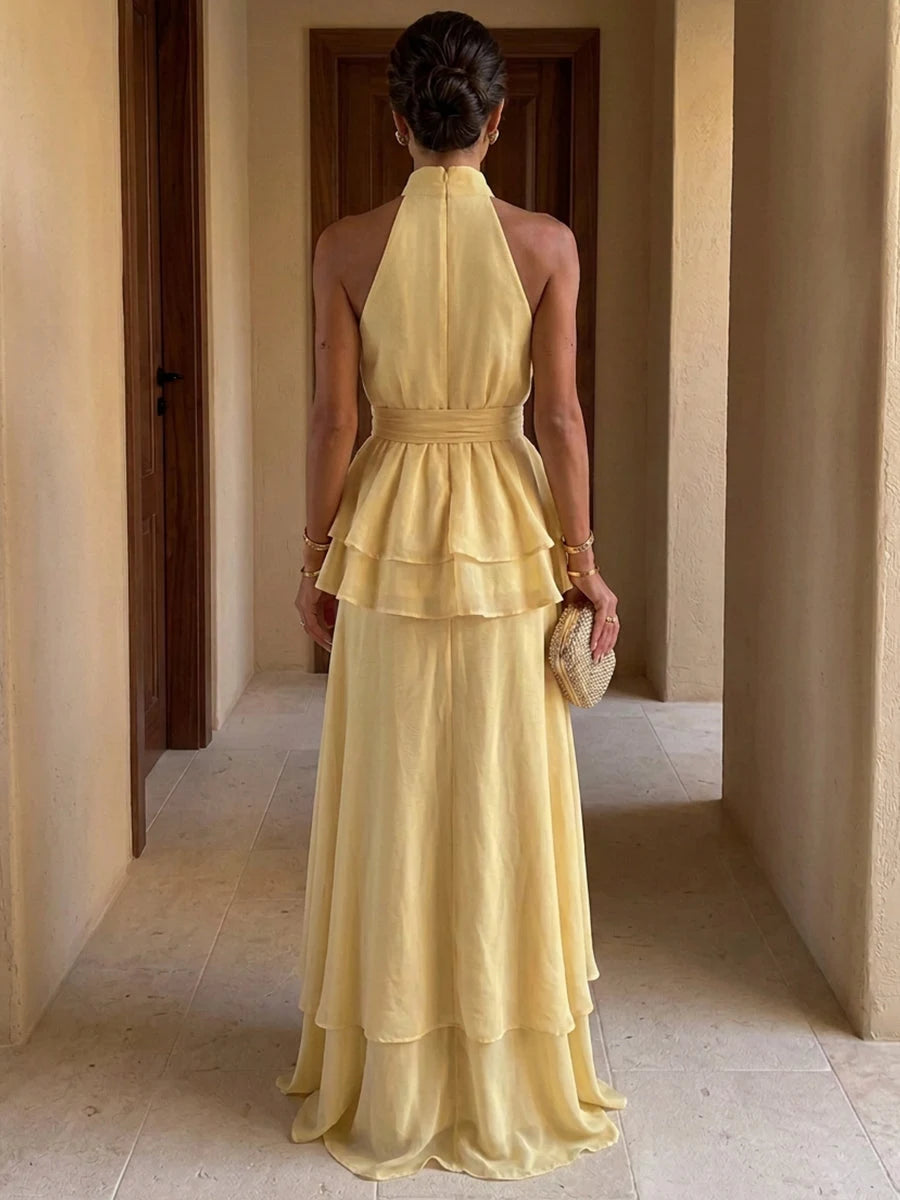 Elegant A-Line Halter Sleeveless Tiered Peplum Yellow Long Prom Dresses Women