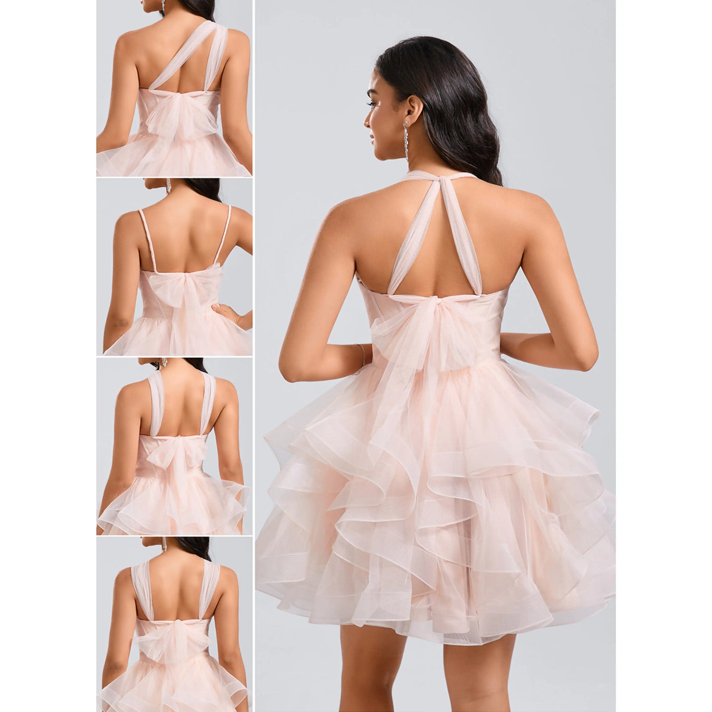 Elegant A-Line Halter Sleeveless Tiered Ruffle Blush Pink Short Homecoming Dresses