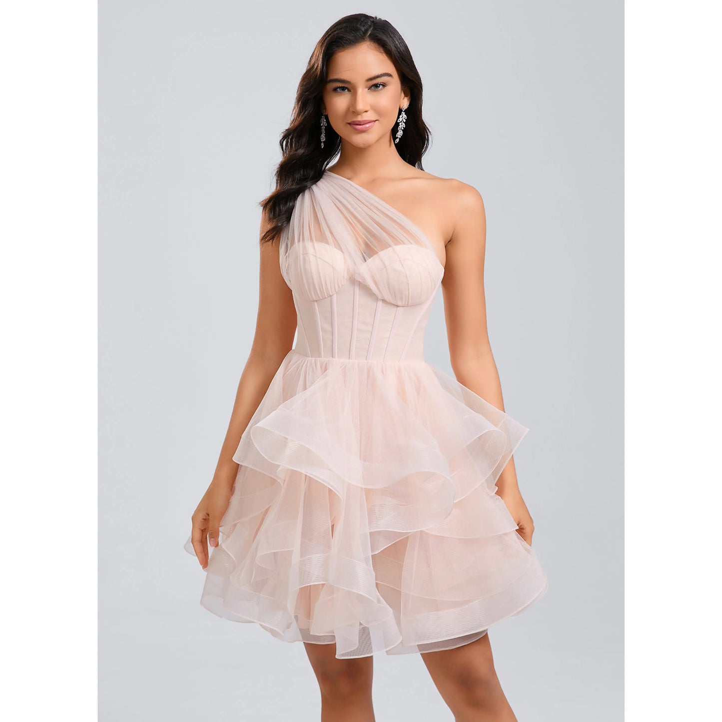 Elegant A-Line Halter Sleeveless Tiered Ruffle Blush Pink Short Homecoming Dresses