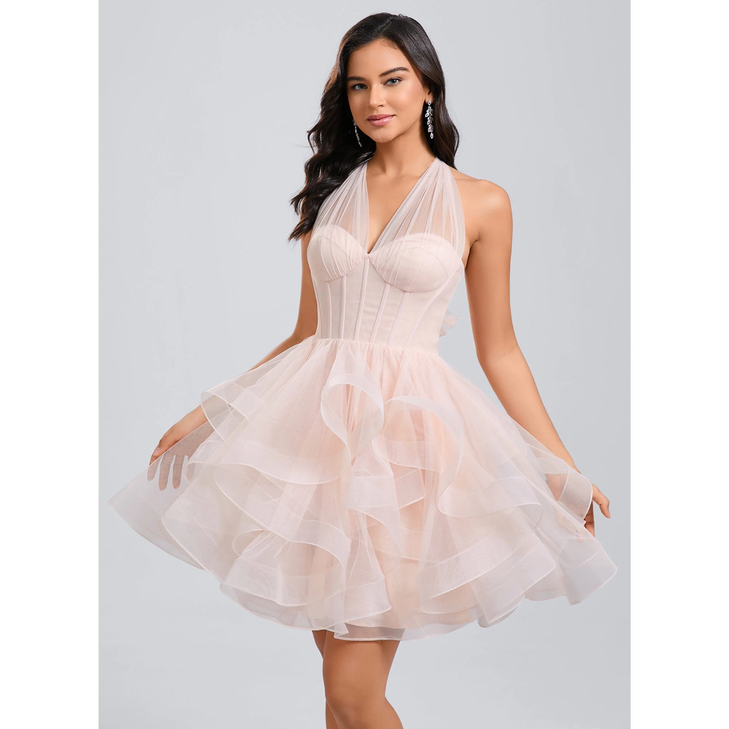 Elegant A-Line Halter Sleeveless Tiered Ruffle Blush Pink Short Homecoming Dresses