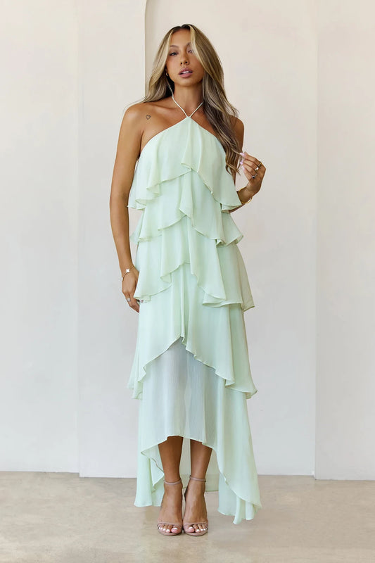 Elegant A-Line Halter Sleeveless Tiered Ruffle Mint Green High-Low Prom Dress