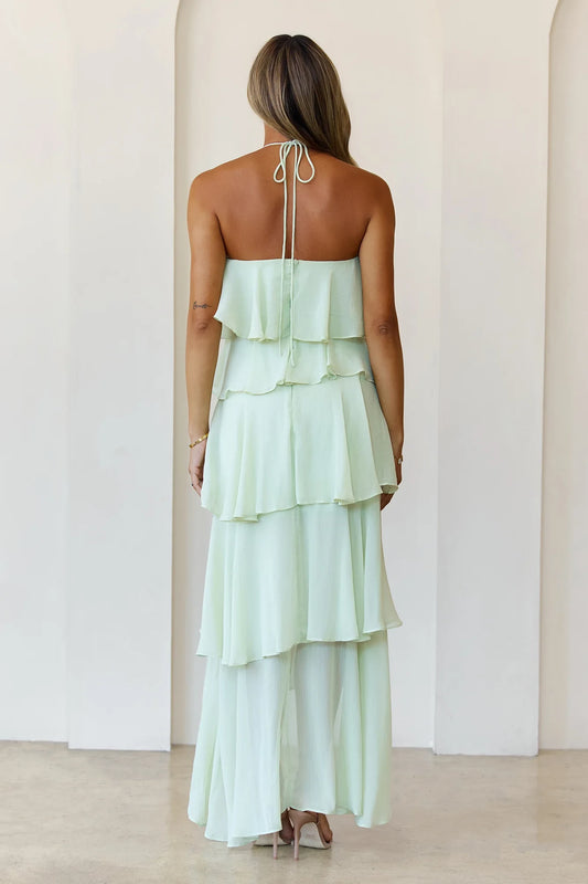 Elegant A-Line Halter Sleeveless Tiered Ruffle Mint Green High-Low Prom Dress