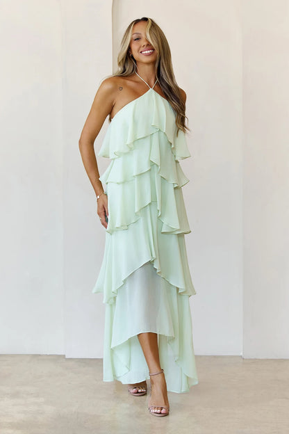 Elegant A-Line Halter Sleeveless Tiered Ruffle Mint Green High-Low Prom Dress